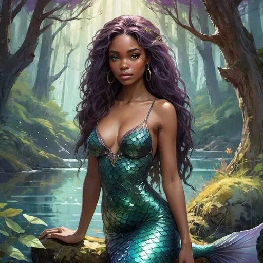 Prompt: fantasy book cover, beautiful black 
woman,a black haired mermaid princess with brown highlights in her very long messy wavy long hair, mermaid fae, tall and willowy and pretty and you can see her whole body, whole body,soft freckles, big large blue eyes, pointed ears, intricate purple and green gown, whole body,pointy ears, sunny forest, landscape beautiful pine forest, fishlail, Carne Griffiths, Michael Garmash, Frank Frazetta, lake Background, Victo Ngai, Detailed, Vibrant, Sharp Focus, Character Design, Wlop, Kuvshinov, Character Design, TXAA, 32k, Highly Detailed, Dynamic Pose, Intricate Motifs, Organic Tracery, Perfect Composition, Digital Painting, Artstation, Smooth, Sharp Focus, Illustration, hyperdetailed, greg rutkowski