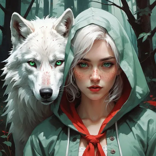Prompt: fantasy book cover, beautiful white wolf red riding hood, tall and masculine and pretty, soft freckles,anthropomorphic, big large green eyes, , iron palace gray metal , fishlail, Carne Griffiths, Michael Garmash, Frank Frazetta, cottage Background, Victo Ngai, Detailed, Vibrant, Sharp Focus, Character Design, Wlop, Kuvshinov, Character Design, TXAA, 32k, Highly Detailed, Dynamic Pose, Intricate Motifs, Organic Tracery, Perfect Composition, Digital Painting, Artstation, Smooth, Sharp Focus, Illustration, hyperdetailed, greg rutkowski