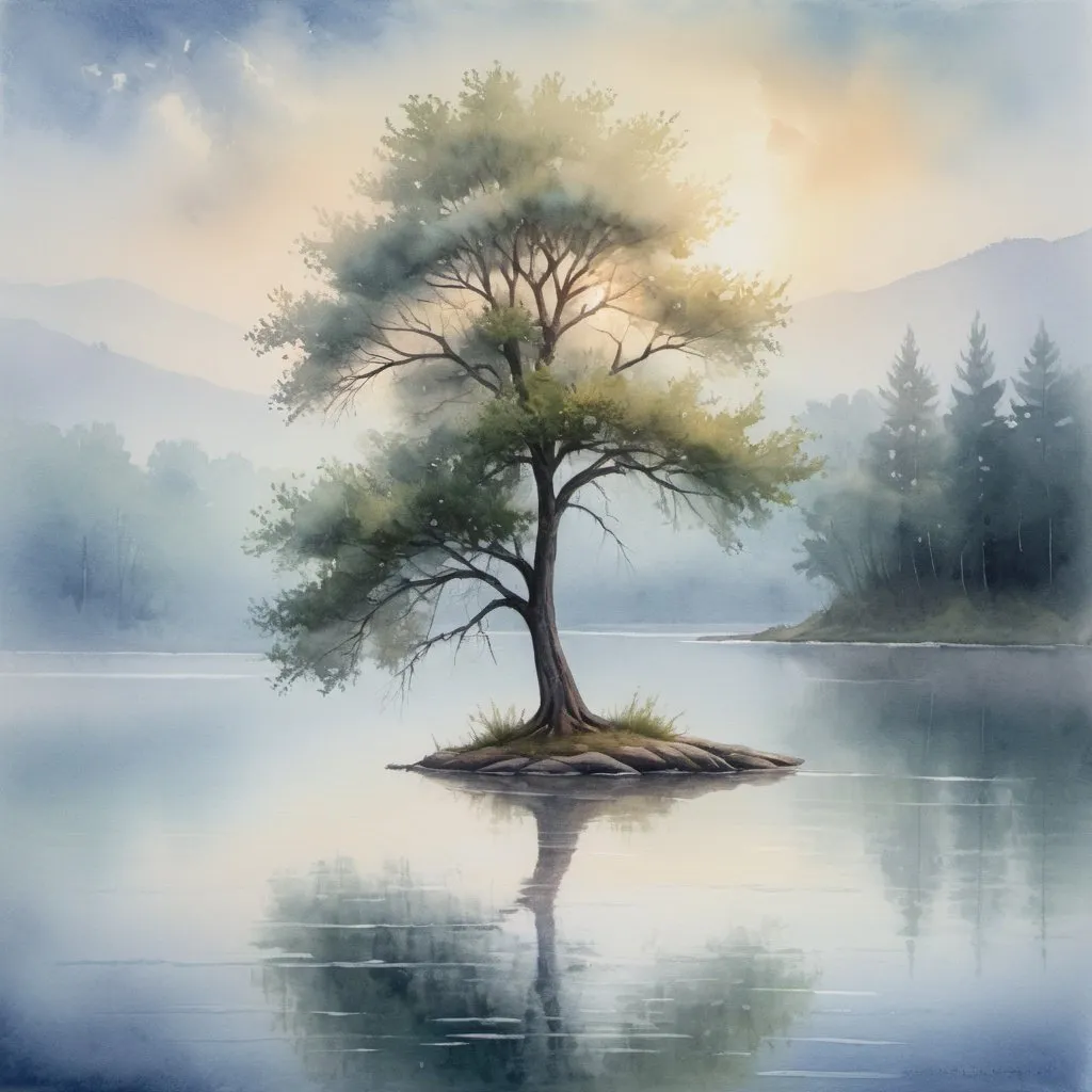 Prompt: Lonely tree at a lake, oil painting, misty morning, high quality, watercolor, magical, serene atmosphere, detailed expression, calm waters, foggy backdrop, contemplative mood, peaceful solitude, soothing color palette, soft natural lighting