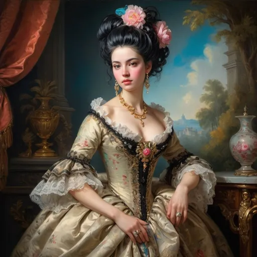 Prompt: Rococo era full body portrait of a woman with black hair, oil painting, luxurious clothing, elaborate hairstyle, ornate jewelry, strong vivid colors, soft and diffused lighting, high quality, detailed brushwork, elegant and refined, opulent setting, intricate lace details, classic beauty, historical art, Rococo style, delicate features, aristocratic charm