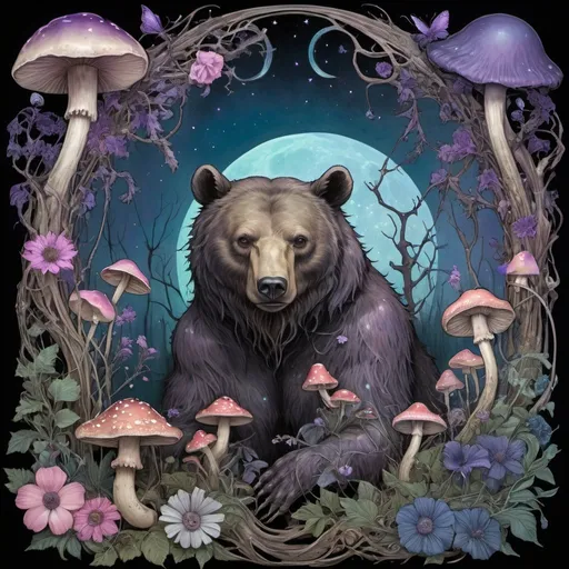 Prompt: bear, flowers,mushrooms, floral, beautiful ephemeral phantom, bioffice horus ouroboros, creepy skeletal vining and twining, in the style of leonard baskin cave birds drawings,back ground is purple, blue , pink night with glowing moon, glowing stars, glowing fireflies,botanicalbentology, brian froud, lovecraftian and alphonse mucha, Kirsty Mitchell, William Morris 
