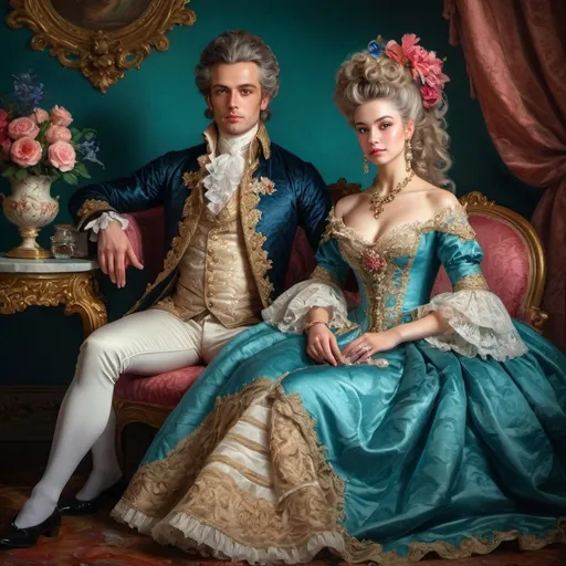 Prompt: Rococo era portrait of a gorgeous woman sitting next to a gorgeous man, full body,oil painting, luxurious clothing, elaborate hairstyle, ornate jewelry, strong vivid colors, soft and diffused lighting, high quality, detailed brushwork, elegant and refined, opulent setting, intricate lace details, classic beauty, historical art, Rococo style, delicate features, aristocratic charm