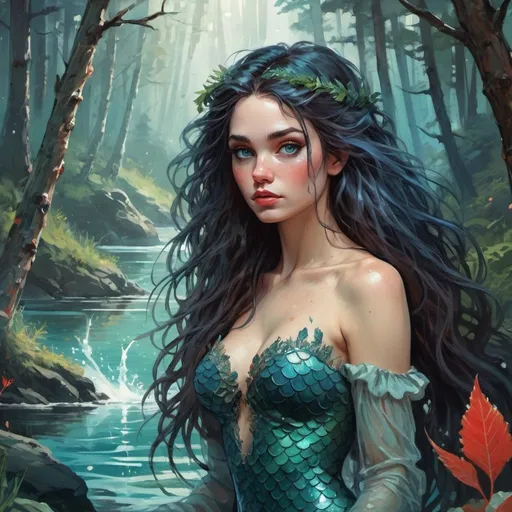 Prompt: fantasy book cover, beautiful woman,a black haired mermaid princess with red highlights in her very long messy wavy long hair, mermaid fae, tall and willowy and pretty, whole body,soft freckles, big large blue eyes, pointed ears, intricate blue and green gown, whole body,pointy ears, iron palace gray metal, landscape beautiful pine forest, fishlail, Carne Griffiths, Michael Garmash, Frank Frazetta, lake Background, Victo Ngai, Detailed, Vibrant, Sharp Focus, Character Design, Wlop, Kuvshinov, Character Design, TXAA, 32k, Highly Detailed, Dynamic Pose, Intricate Motifs, Organic Tracery, Perfect Composition, Digital Painting, Artstation, Smooth, Sharp Focus, Illustration, hyperdetailed, greg rutkowski