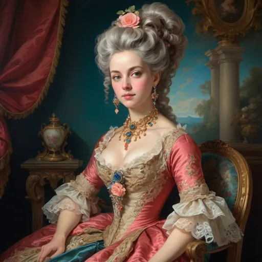 Prompt: Rococo era portrait of a woman, full body,oil painting, luxurious clothing, elaborate hairstyle, ornate jewelry, strong vivid colors, soft and diffused lighting, high quality, detailed brushwork, elegant and refined, opulent setting, intricate lace details, classic beauty, historical art, Rococo style, delicate features, aristocratic charm