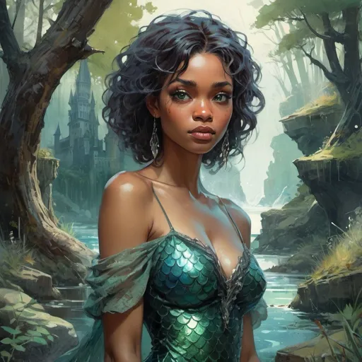 Prompt: fantasy book cover, beautiful black woman,a black haired mermaid princess with brown highlights in her very short messy wavy bob hair, mermaid fae, tall and willowy and pretty, soft freckles, big large green eyes, pointed ears, intricate blue and green gown, pointy ears, iron palace gray metal, landscape beautiful pine forest, fishlail, Carne Griffiths, Michael Garmash, Frank Frazetta, Castle Background, Victo Ngai, Detailed, Vibrant, Sharp Focus, Character Design, Wlop, Kuvshinov, Character Design, TXAA, 32k, Highly Detailed, Dynamic Pose, Intricate Motifs, Organic Tracery, Perfect Composition, Digital Painting, Artstation, Smooth, Sharp Focus, Illustration, hyperdetailed, greg rutkowski