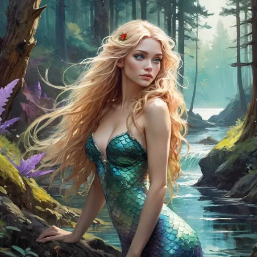 Prompt: fantasy book cover, beautiful woman,a blond haired mermaid princess with red highlights in her very long messy wavy long hair, mermaid fae, tall and willowy and pretty and you can see her whole body, whole body,soft freckles, big large blue eyes, pointed ears, intricate purple and green gown, whole body,pointy ears, sunny forest, landscape beautiful pine forest, fishlail, Carne Griffiths, Michael Garmash, Frank Frazetta, lake Background, Victo Ngai, Detailed, Vibrant, Sharp Focus, Character Design, Wlop, Kuvshinov, Character Design, TXAA, 32k, Highly Detailed, Dynamic Pose, Intricate Motifs, Organic Tracery, Perfect Composition, Digital Painting, Artstation, Smooth, Sharp Focus, Illustration, hyperdetailed, greg rutkowski