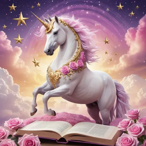 Prompt: fantasy book cover, beautiful unicorn,white fur, long tail with, pink mist, sparkling stars around the unicorn ,pink, yellow and purple clouds, 3D roses as ark on top of the image, Detailed, Vibrant, Sharp Focus, 32k, Highly Detailed, Dynamic Pose, Intricate Motifs