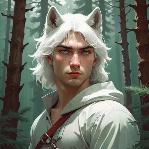 Prompt: fantasy book cover, gorgeous white wolf from the book red riding hood,wolf look like human, Frank Frazetta, the wolf is tall and masculine and pretty, soft freckles,anthropomorphic, big large green eyes, , iron palace gray metal ,forest full of pine trees in the background, fishlail, Frank Frazetta, Victo Ngai, Detailed, Vibrant, Sharp Focus, Character Design, Wlop, Kuvshinov, Character Design, TXAA, 32k, Highly Detailed, Dynamic Pose, Intricate Motifs, Organic Tracery, Perfect Composition, Digital Painting, Artstation, Smooth, Sharp Focus, Illustration, hyperdetailed, greg rutkowski