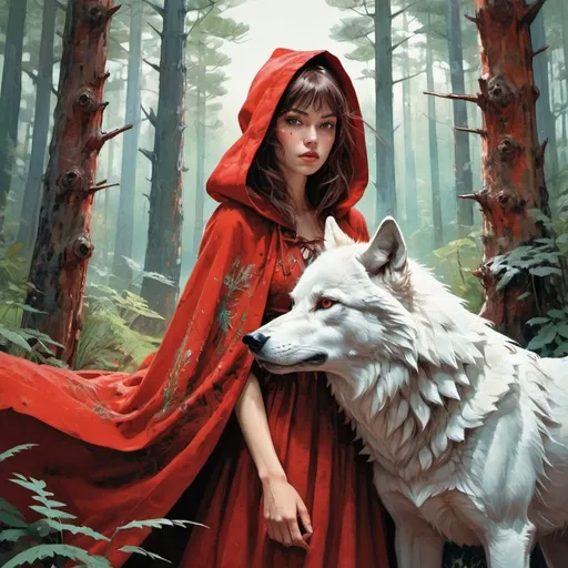 Prompt: fantasy book cover, beautiful red riding hood, tall and willowy and pretty, soft freckles, big large green eyes, intricate red gown, iron palace gray metal, landscape beautiful pine forest, behind her is the wolf, big white wolf, anthropomorphic masculine wolf,  fishlail, Carne Griffiths, Michael Garmash, Frank Frazetta, cottage Background, Victo Ngai, Detailed, Vibrant, Sharp Focus, Character Design, Wlop, Kuvshinov, Character Design, TXAA, 32k, Highly Detailed, Dynamic Pose, Intricate Motifs, Organic Tracery, Perfect Composition, Digital Painting, Artstation, Smooth, Sharp Focus, Illustration, hyperdetailed, greg rutkowski