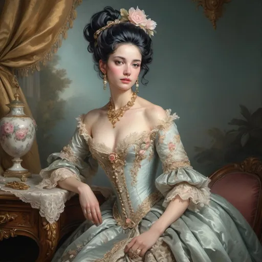 Prompt: Rococo era full body portrait of a woman with black hair, oil painting, luxurious clothing, elaborate hairstyle, ornate jewelry, soft pastel colors, soft and diffused lighting, high quality, detailed brushwork, elegant and refined, opulent setting, intricate lace details, classic beauty, historical art, Rococo style, delicate features, aristocratic charm