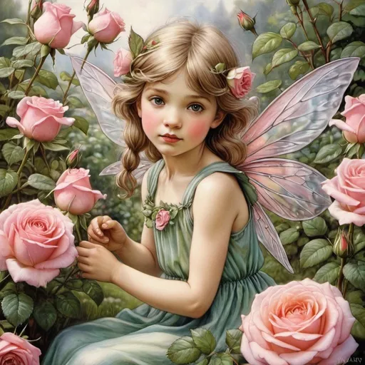 Prompt: flower fairy, roses, beautiful garden , hyper realistic, by Cicely Mary Barker