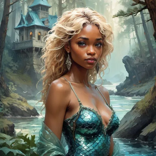 Prompt: fantasy book cover, beautiful black woman,a blond haired mermaid princess with brown highlights in her very short messy wavy bob hair, mermaid fae, tall and willowy and pretty, soft freckles, big large blue eyes, pointed ears, intricate blue and green gown, pointy ears, iron palace gray metal, landscape beautiful pine forest, fishlail, Carne Griffiths, Michael Garmash, Frank Frazetta, Castle Background, Victo Ngai, Detailed, Vibrant, Sharp Focus, Character Design, Wlop, Kuvshinov, Character Design, TXAA, 32k, Highly Detailed, Dynamic Pose, Intricate Motifs, Organic Tracery, Perfect Composition, Digital Painting, Artstation, Smooth, Sharp Focus, Illustration, hyperdetailed, greg rutkowski