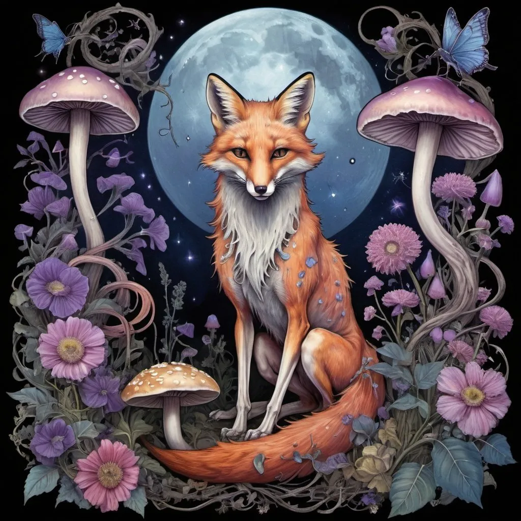 Prompt: fox, flowers,mushrooms, floral, beautiful ephemeral phantom, bioffice horus ouroboros, creepy skeletal vining and twining, in the style of leonard baskin cave birds drawings,back ground is purple, blue , pink night with glowing moon, glowing stars, glowing fireflies,botanicalbentology, brian froud, lovecraftian and alphonse mucha, Kirsty Mitchell, William Morris 