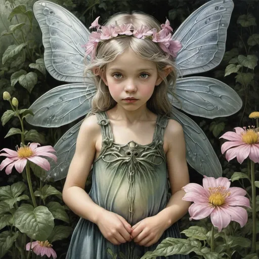 Prompt: flower fairy, pppiez , beautiful garden , hyper realistic, Cicely Mary Barker, giger