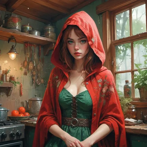 Prompt: fantasy book cover, beautiful red riding hood, tall and willowy and pretty, soft freckles, big large green eyes, intricate red gown, iron palace gray metal, she is next to her grandmother, in the cottage , fishlail, Carne Griffiths, Michael Garmash, Frank Frazetta, cottage Background, Victo Ngai, Detailed, Vibrant, Sharp Focus, Character Design, Wlop, Kuvshinov, Character Design, TXAA, 32k, Highly Detailed, Dynamic Pose, Intricate Motifs, Organic Tracery, Perfect Composition, Digital Painting, Artstation, Smooth, Sharp Focus, Illustration, hyperdetailed, greg rutkowski