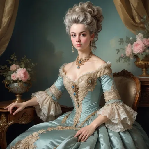 Prompt: Full body Rococo era portrait of a woman, oil painting, luxurious dress, elaborate hairstyle, ornate jewelry, soft colors, soft and diffused lighting, high quality, detailed brushwork, elegant and refined, opulent setting, intricate lace details, classic beauty, historical art, Rococo style, delicate features, aristocratic charm