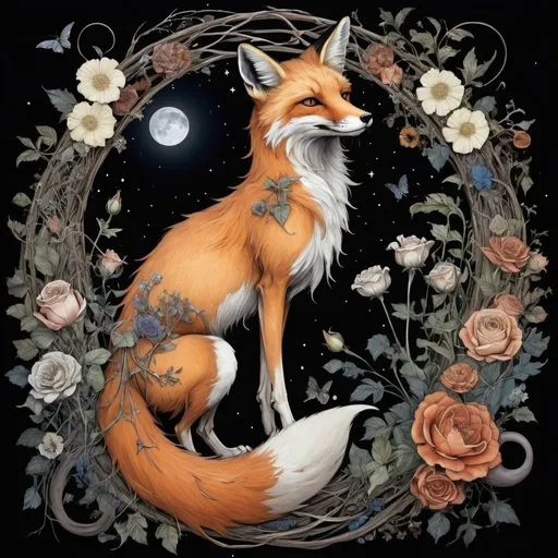 Prompt: Fox , flowers, floral, beautiful ephemeral phantom, bioffice horus ouroboros, creepy skeletal vining and twining, in the style of leonard baskin cave birds drawings,back ground is night with moon and stars, botanicalbentology, brian froud, lovecraftian and alphonse mucha, Kirsty Mitchell, William Morris 