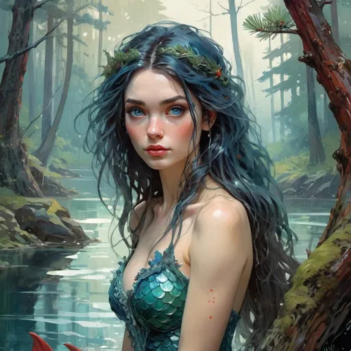 Prompt: fantasy book cover, beautiful woman,a black haired mermaid princess with red highlights in her very short messy wavy long hair, mermaid fae, tall and willowy and pretty, soft freckles, big large blue eyes, pointed ears, intricate blue and green gown, pointy ears, iron palace gray metal, landscape beautiful pine forest, fishlail, Carne Griffiths, Michael Garmash, Frank Frazetta, lake Background, Victo Ngai, Detailed, Vibrant, Sharp Focus, Character Design, Wlop, Kuvshinov, Character Design, TXAA, 32k, Highly Detailed, Dynamic Pose, Intricate Motifs, Organic Tracery, Perfect Composition, Digital Painting, Artstation, Smooth, Sharp Focus, Illustration, hyperdetailed, greg rutkowski