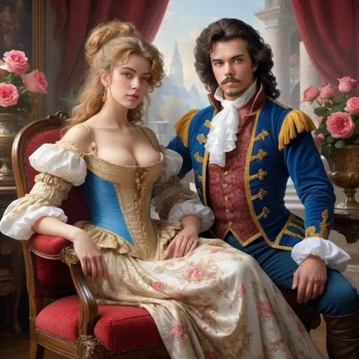 Prompt: beautiful girl Rococo-gold next to beautiful man with beown hair and blue eyes with masculine body dressed in beautidful rococo clothes, gros seins,  (high detailed) in the chair of red roses with seins of figs fruit by Jean-Léon Gérôme, from 2011 film "The three musketeers", Insanely detailed full body portrait photography of a majestic beautiful fierce, WLOP, dynamic lighting, hyperdetailed, Intricately Detailed, Photorealism, Filmic, deep color, #film, 8K resolution ethereal fantasy hyperdetailed mist Thomas Kinkade