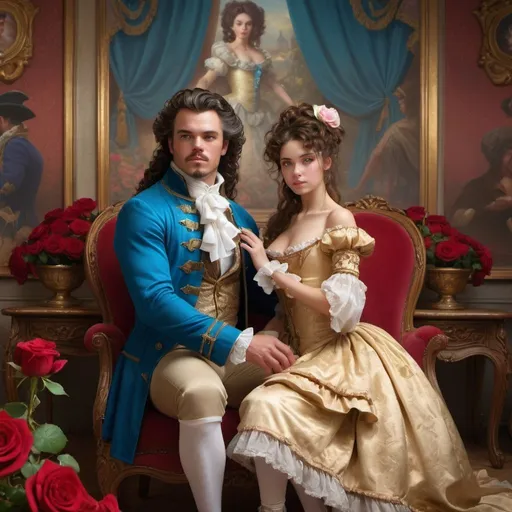 Prompt: beautiful girl Rococo-gold next to beautiful man with brown hair and blue eyes with masculine body dressed in gorgeous rococo clothes, gross scenes,  (high detailed) in the chair of red roses with scenes of figs fruit by Jean-Léon Gérôme, from 2011 film "The three musketeers", Insanely detailed full body portrait photography of a majestic beautiful fierce, WLOP, dynamic lighting, hyperdetailed, Intricately Detailed, Photorealism, Filmic, deep color, #film, 8K resolution ethereal fantasy hyperdetailed mist Thomas Kinkade