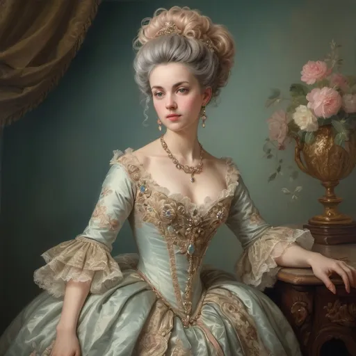 Prompt: Full body Rococo era portrait of a woman, oil painting, luxurious dress, elaborate hairstyle, ornate jewelry, soft colors, soft and diffused lighting, high quality, detailed brushwork, elegant and refined, opulent setting, intricate lace details, classic beauty, historical art, Rococo style, delicate features, aristocratic charm