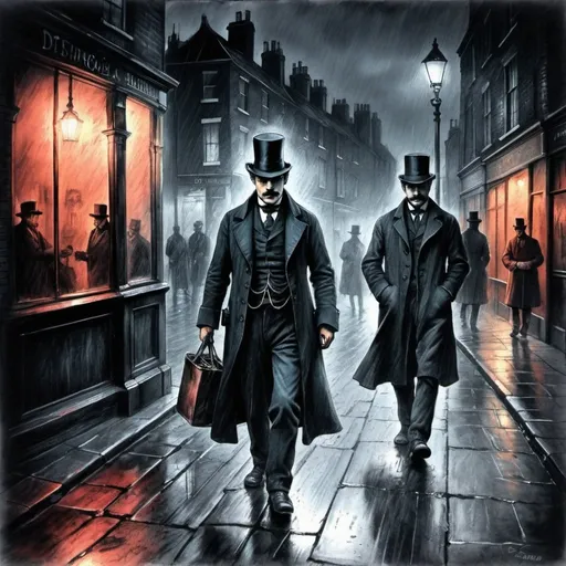 Prompt: jack the ripper, dark scene, rain, night, it is sketch drawing with charcoal pencils,colorful, London in 1888, hyper realistic, dirty streets, men are passing by 