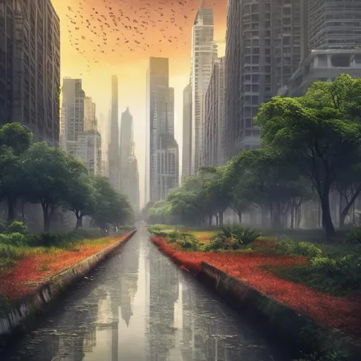 Prompt: A city overrun by nature