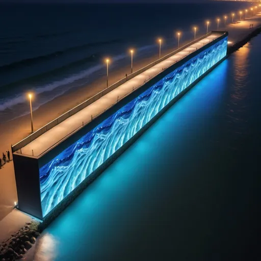 Prompt: Four sided LED boundary wall 25m Width and 25m Length on sea shore with water wave graphic from Top view Angle at Night 
