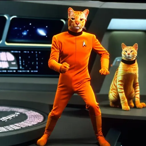 Prompt: An orange cat in a star trek uniform based on captain kirk. Use the uniform from Star Trek The Motion Picture