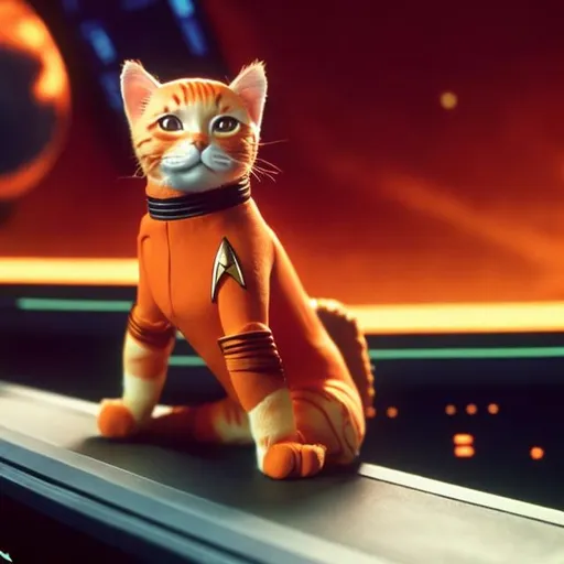 Prompt: An orange cat in a star trek uniform based on captain kirk using the red uniforms from the movies. Sitting on the bridge of a star ship.