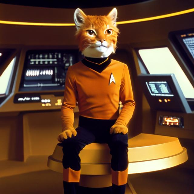 Prompt: An anthropomorphic orange cat in a star trek uniform based on captain kirk using the gold uniform from the star trek 1966 TV series. Sitting in the captain's chair on the bridge of the enterprise 