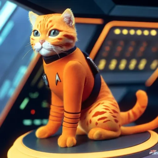 Prompt: An orange cat in a star trek uniform based on captain kirk using the red uniforms from the movies. Sitting on the bridge of a star ship.