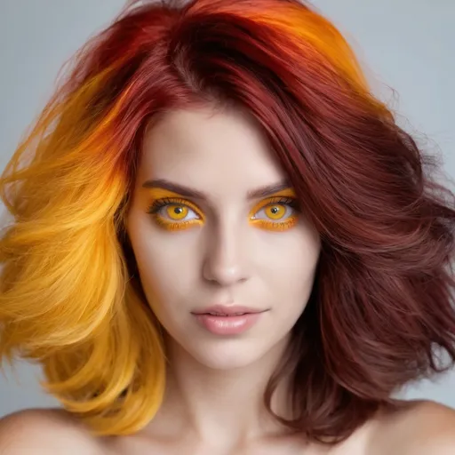 Prompt: Mulher de cabelo cacheado com os olhos e sobrancelha amarelos se transformando em uma mulher de cabelo liso e olhos arredondados em vermelho