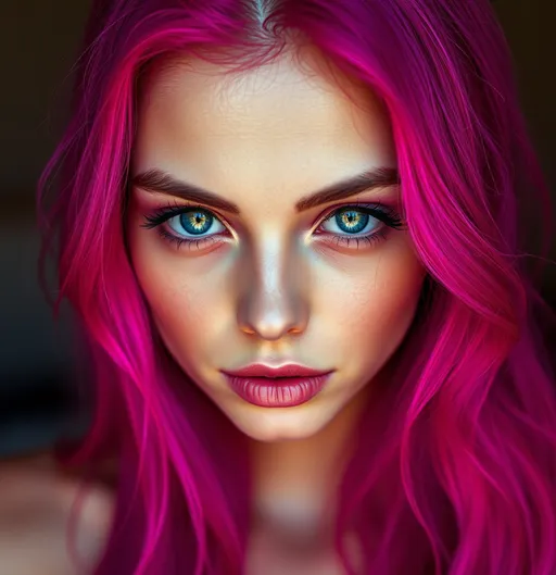 Prompt: mulher enlouquecida com os olhos totalmente preenchidos de roxo, cabelo roxo, sobrancelha roxa