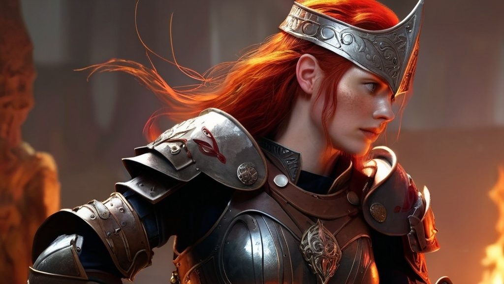 Prompt: a woman in a helmet and armor with a red hair and a red beard and a red - haired woman with red hair and a red - haired, red - haired,, Clint Cearley, fantasy art, elden ring, concept art