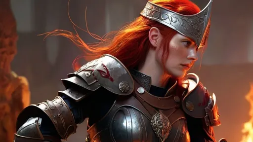 Prompt: a woman in a helmet and armor with a red hair and a red beard and a red - haired woman with red hair and a red - haired, red - haired,, Clint Cearley, fantasy art, elden ring, concept art