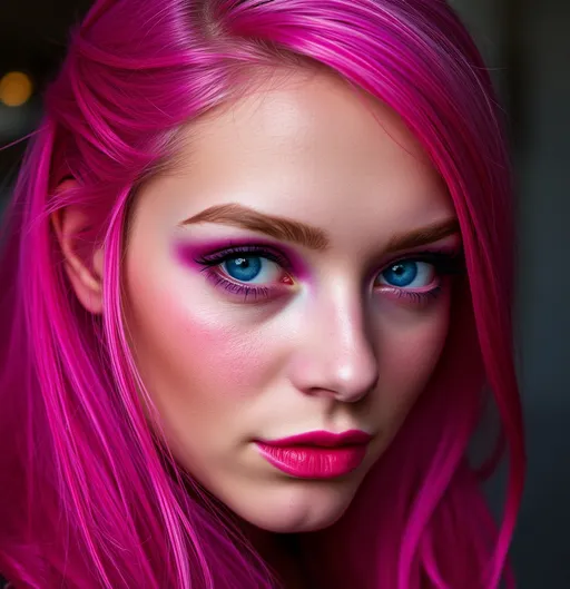 Prompt: mulher enlouquecida com os olhos totalmente preenchidos de roxo, cabelo roxo, sobrancelha roxa