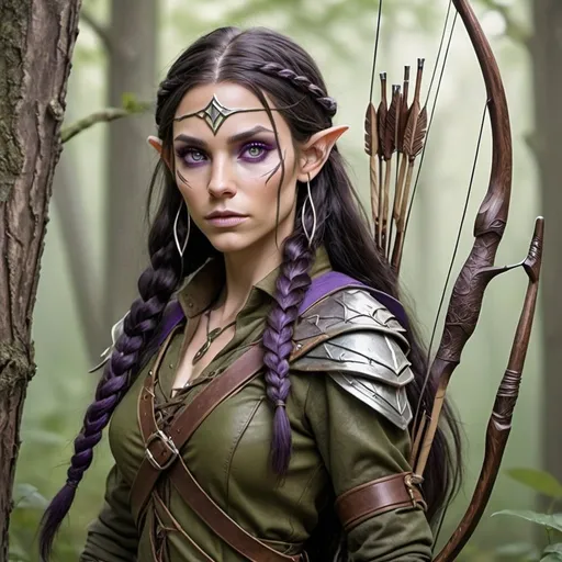 Prompt: female wood elf, long dark hair, braids, greens and earthy brown ranger leathers hunting, amethyst purple eyes, silver wrapped wooden longbow