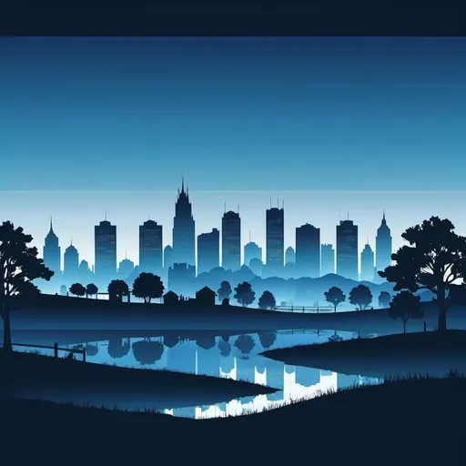 Prompt: flat vector illustration countryside silhouette with modern city, digital art, blue color.
