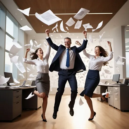 Prompt: Allianz employee man and woman dancing with paper flying around, business attire, dynamic poses, professional, financial documents in the air, office setting, high quality, lively, realistic, warm lighting, energetic atmosphere, detailed expressions, accounting, risk management, teamwork, corporate, paper swirl, exhilarating