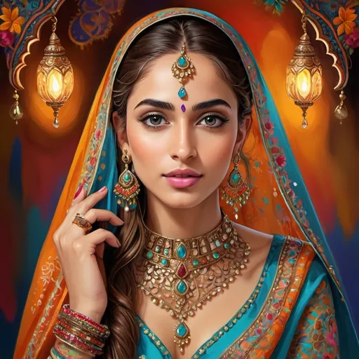 Prompt: Vibrant digital painting of Phool Tahir, ornate traditional attire, intricate henna designs, flowing fabric with rich textures, striking jewelry and accessories, high quality, detailed, vivid colors, digital painting, traditional, ornate details, vibrant tones, intricate patterns, cultural, elegant lighting