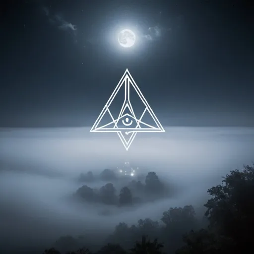 Prompt: In a night sky fog and mist mix and intersect to form esoteric shapes and occult symbols floating in the air.