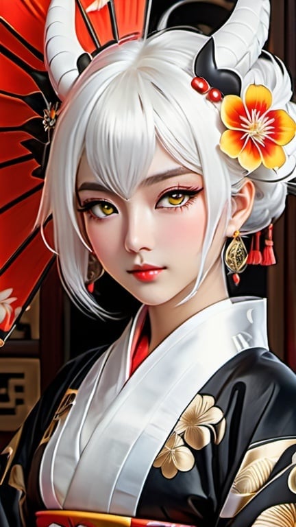 Prompt: twin dragon girls, white hair, white horns, 2 horns, straight horns, white-red-black kimono, yellow eyes, eyes glow, well shaped hands,  best quality, ultra detailed illustration, Beautiful woman, stunning intricate details, maximalist digital gauche painting, high quality, brilliant colors, intricate details, maximalist, cinematic, realistic photo