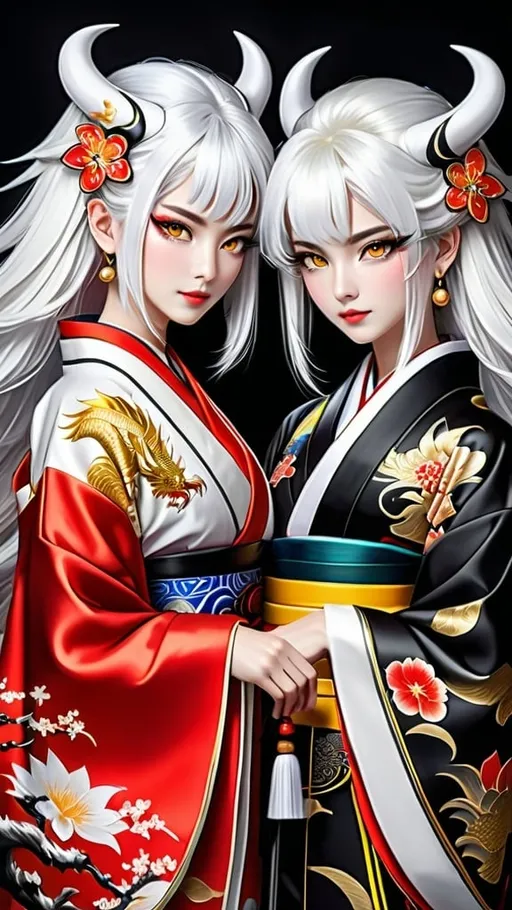 Prompt: twin dragon girls, white hair, white horns, 2 horns, straight horns, white-red-black kimono, yellow eyes, eyes glow, well shaped hands,  best quality, ultra detailed illustration, Beautiful woman, stunning intricate details, maximalist digital gauche painting, high quality, brilliant colors, intricate details, maximalist, cinematic, realistic photo