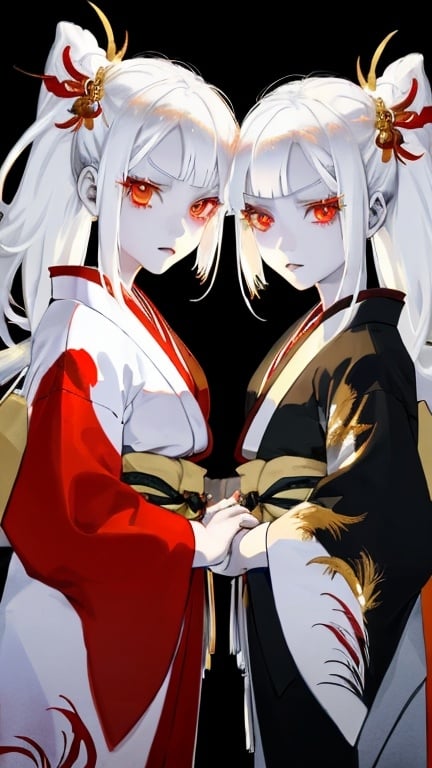Prompt: twin dragon girls with white hair, skin, a pair of straight white horns raised up, and golden slit-like eyes wearing a white-red-black kimono