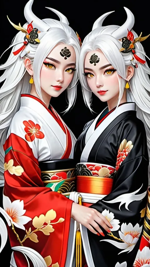 Prompt: twin dragon girls, white hair, white horns, 2 horns, straight horns, white-red-black kimono, yellow eyes, eyes glow, well shaped hands,  best quality, ultra detailed illustration, Beautiful woman, stunning intricate details, maximalist digital gauche painting, high quality, brilliant colors, intricate details, maximalist, cinematic, realistic photo