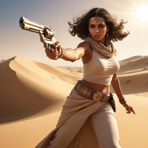 Prompt: Egyptian woman (dynamic pose), shooting revolver in the air, strong expression, desert background (sandy dunes, warm golden tones), dramatic sky, sunlight casting vibrant shadows, action-packed scene, tension and energy, detailed clothing (traditional elements), ultra-detailed, 4K resolution, cinematic atmosphere, high-quality illustration.