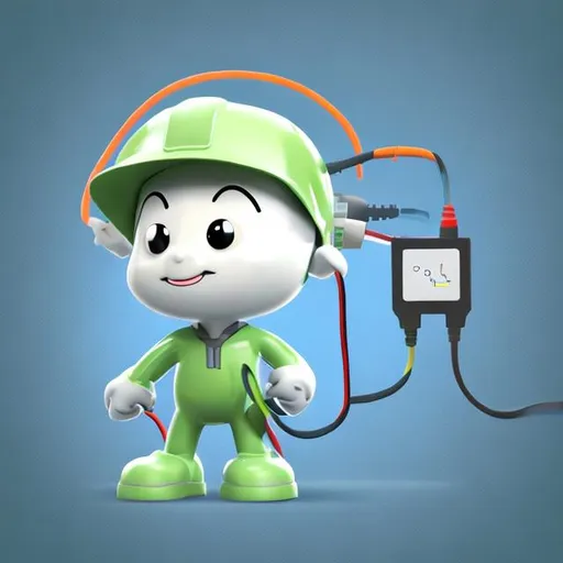 Prompt: A cute electrical mascot in cartoon style looking about to connect two power cables