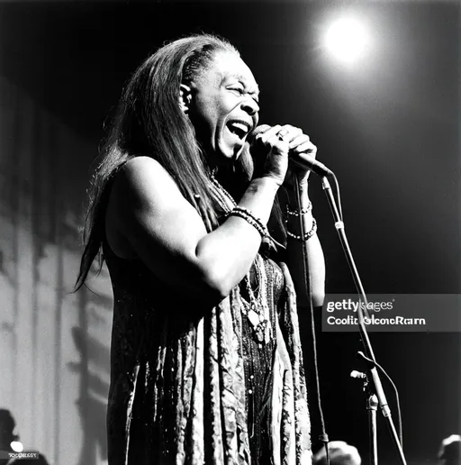 Prompt: Janis Joplin singing on stage at Stax Anniversary Celebration Concert