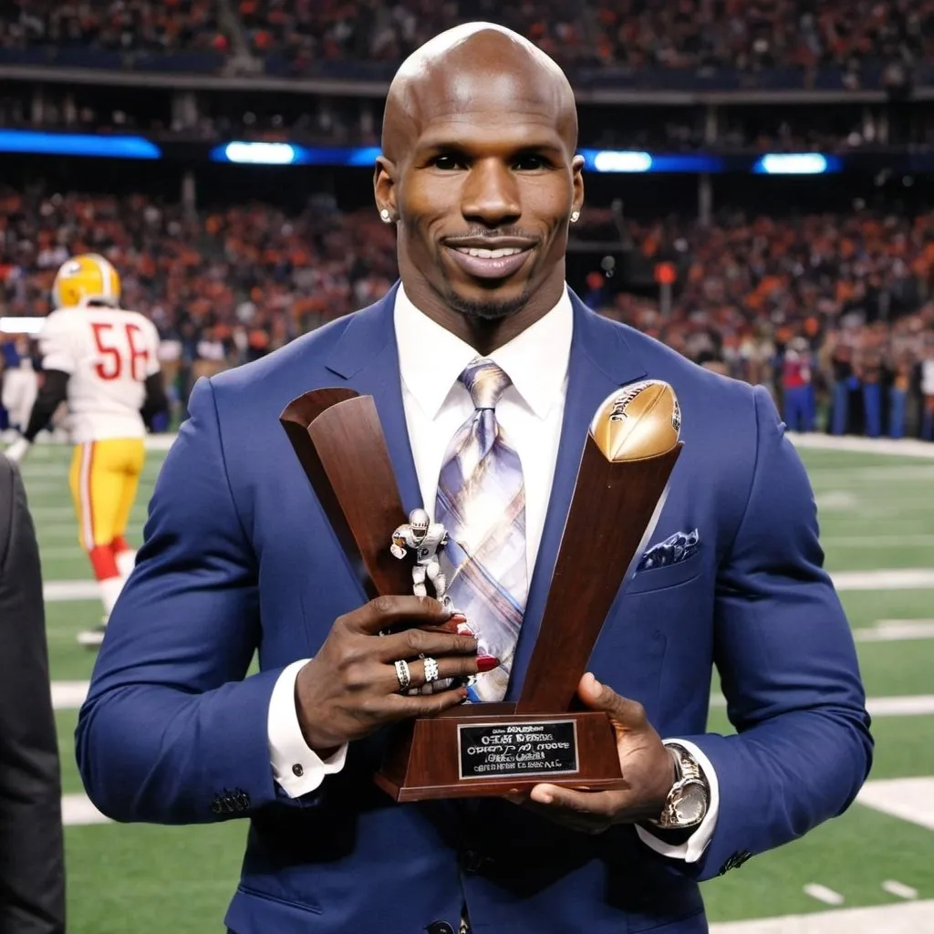 Prompt: Chad "Ochocinco" Johnson holding his Football Award at Super Bowl